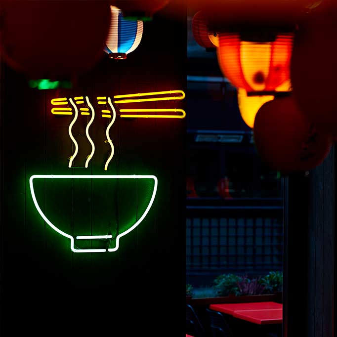 A neon sign depicting ramen noodles at Heddon Yokocho